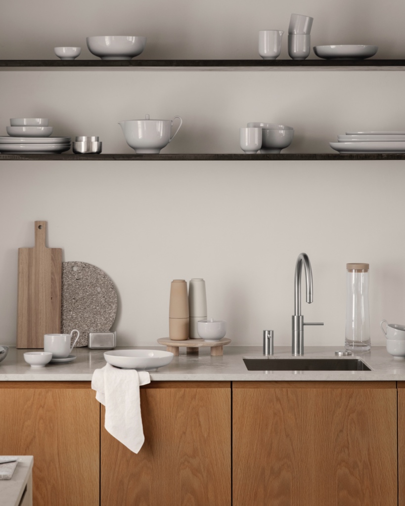 set of two oak elevated trays in a kitchen setting