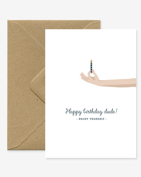 happy birthday card, A6 Card (105mm x 148mm) Natural white paper 300 gr blank interior This nice card is sold with a recycled brown A6 envelope. Printed in France. happy birthday dude