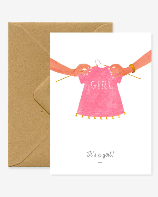 its a girl card, A6 Card (105mm x 148mm) Natural white paper 300 gr blank interior This nice card is sold with a recycled brown A6 envelope. Printed in France.