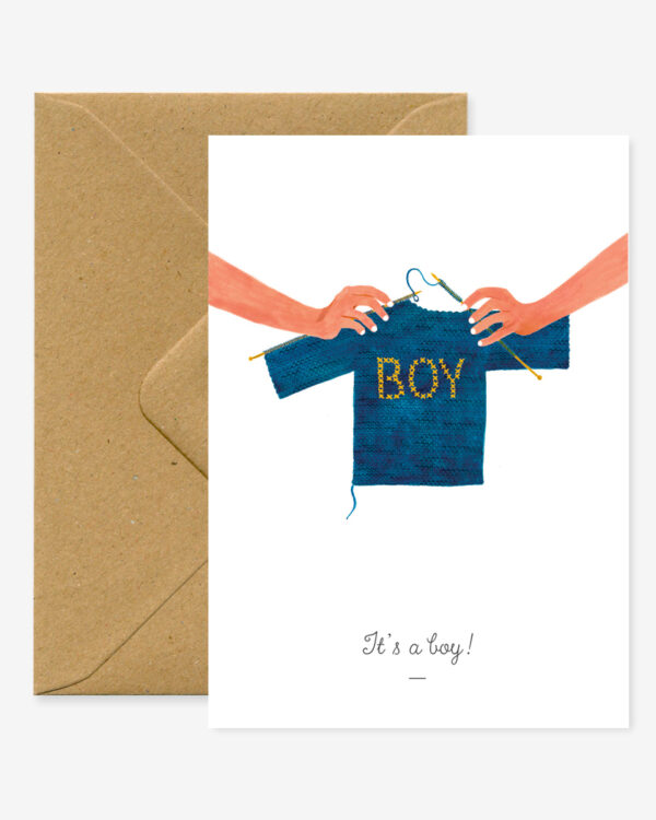 its a boy card, A6 Card (105mm x 148mm) Natural white paper 300 gr blank interior This nice card is sold with a recycled brown A6 envelope. Printed in France.