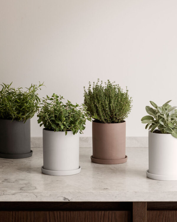 herb pots on a kitchen counter in dark grey, pink and light grey colour