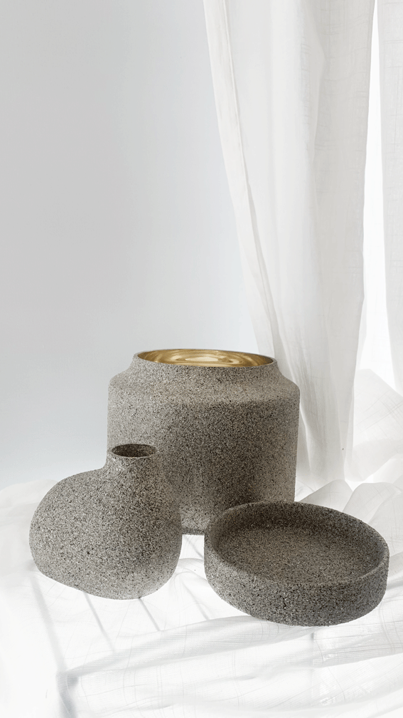 2 glass vases and 1 tray with stone textured finish