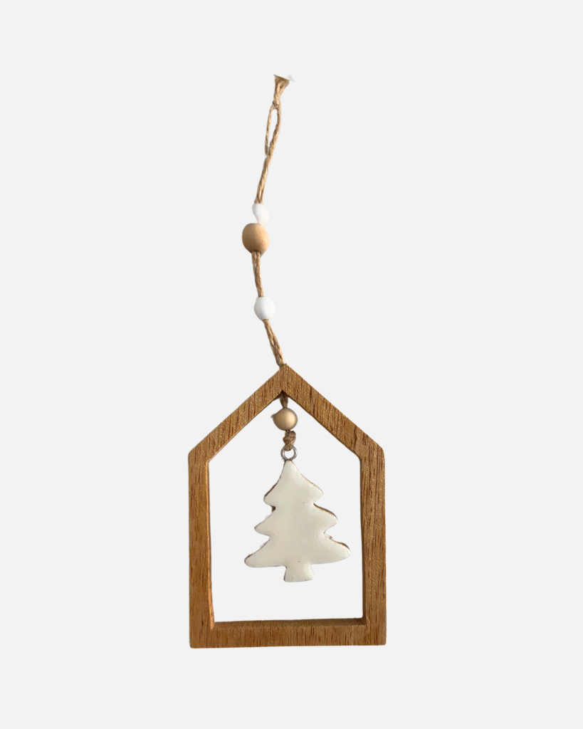 christmas house outlined ornament with a tree shape in it with white ceramic coating