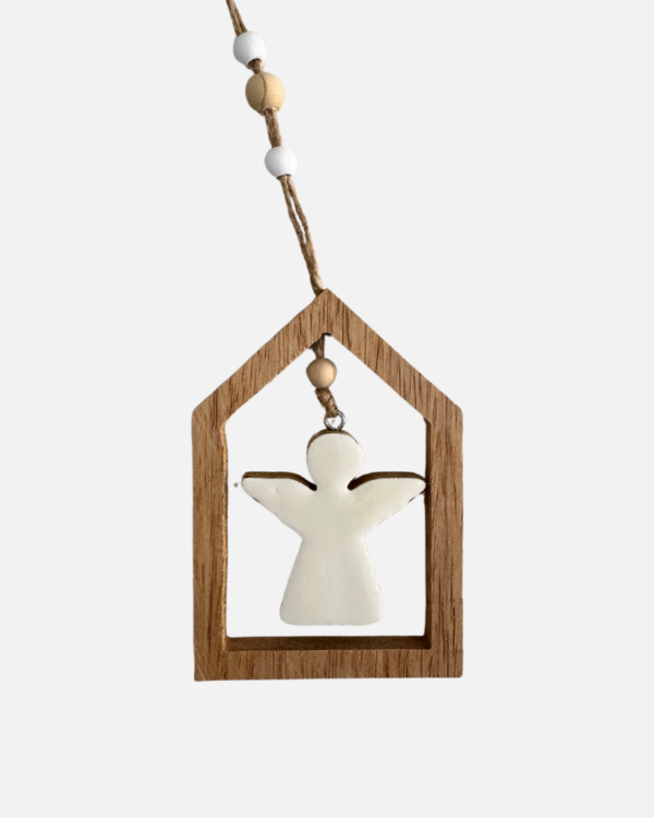 christmas house outlined ornament with an angel shape in it with white ceramic coating