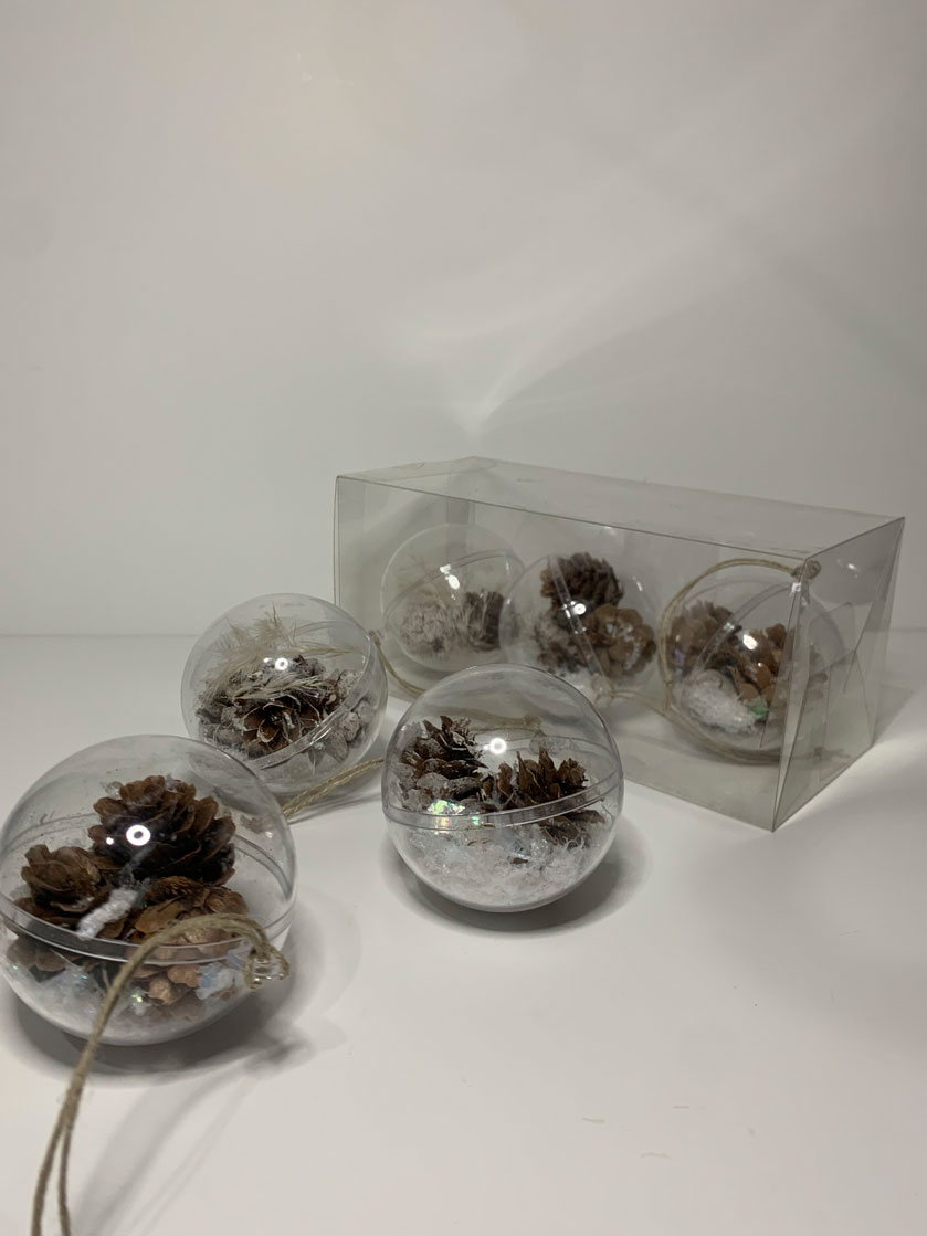 Set of 3 clear plastic baubles filled with dried pine branches and pampas grass, perfect for adding a rustic touch to holiday decorations.