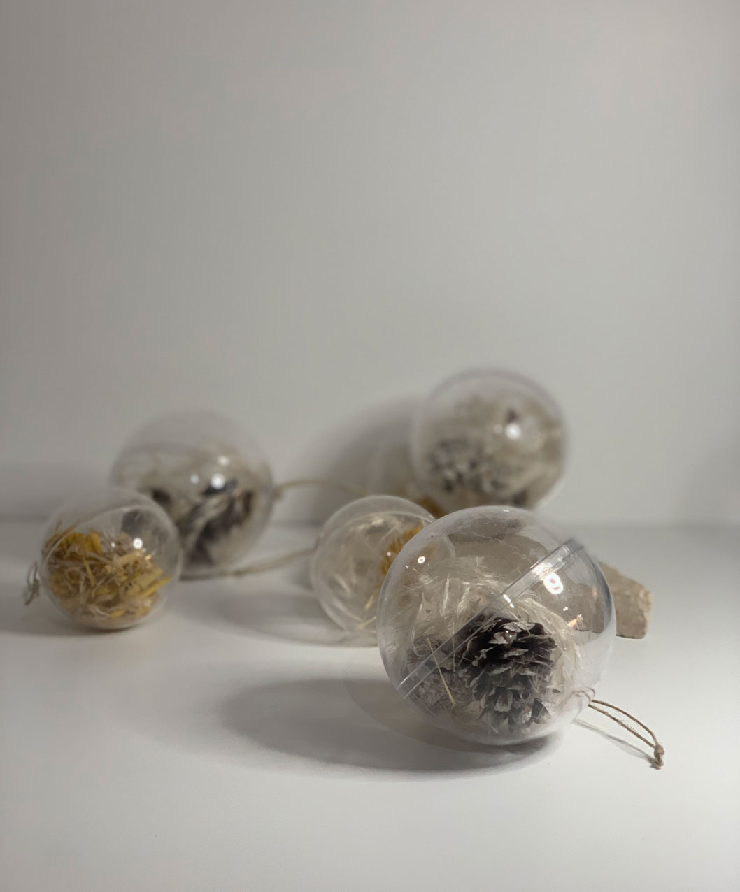 Set of 6 clear plastic baubles filled with dried pine branches and pampas grass, perfect for adding a rustic touch to holiday decorations.