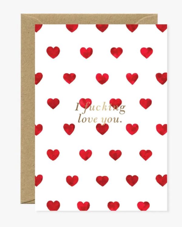 an A6 card with a heart pattern and a quote " I fucking love you"