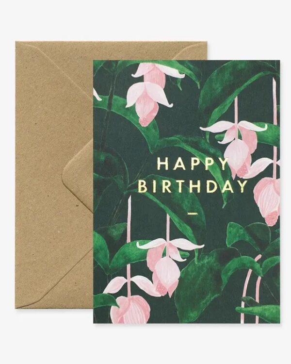 an A6 birthday card with a print of medinilla