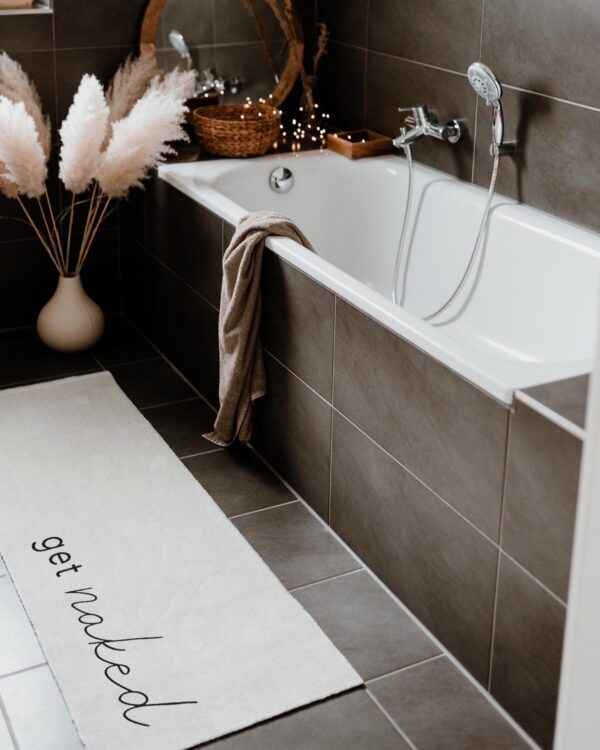 bathroom runner or rug with a print on it "get naked"