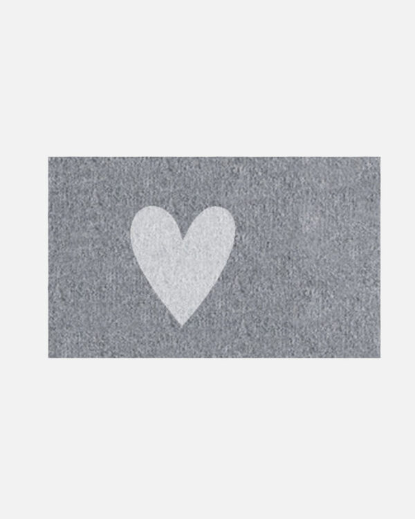 a grey doormat with 1 white heart on it. 75cm x 45cm