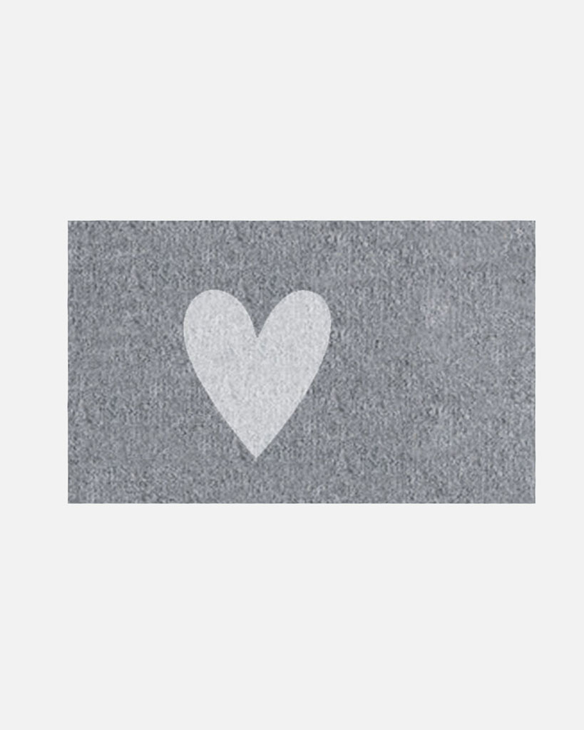 a grey doormat with 1 white heart on it. 75cm x 45cm