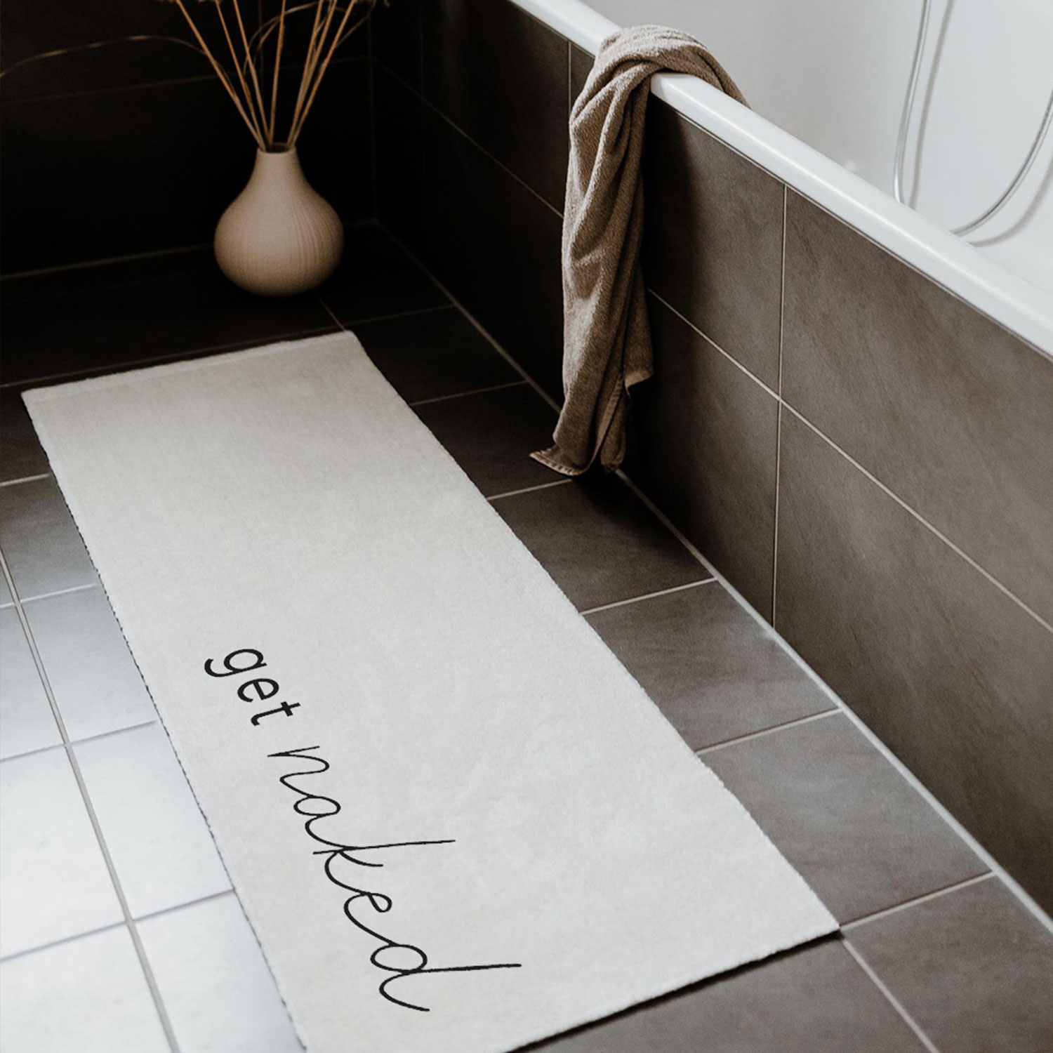 bathroom runner or rug with a print on it "get naked"