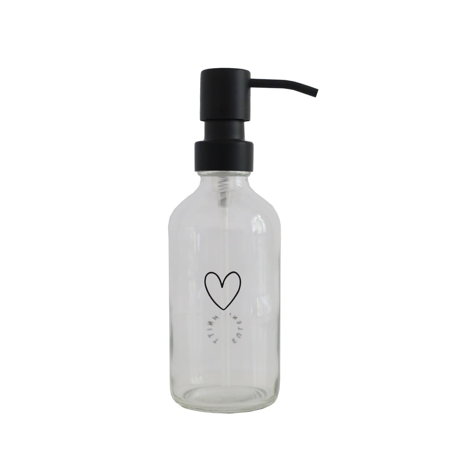 glass soap dispensers with an outline of a black heart engraved