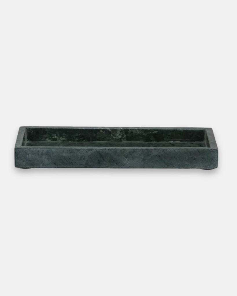 green rectangle marble tray with accessories in it