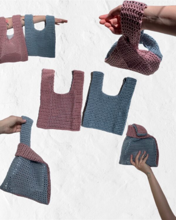 various crochet bags in blue and pink colour