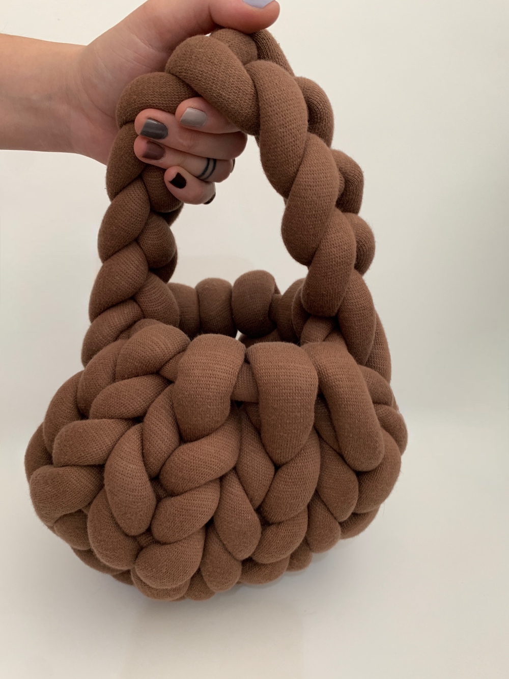 chunky yarn bag hand knit in brown colour