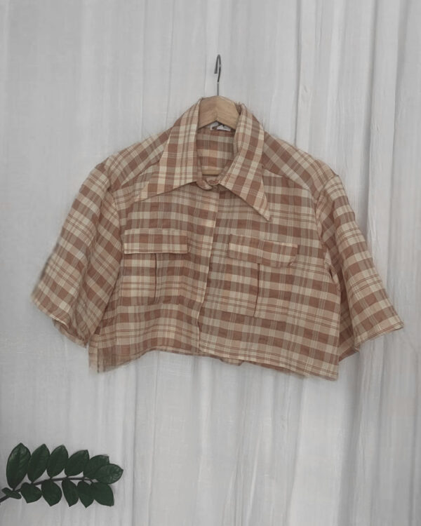 Embroidered checkered cropped shirt. beige tones