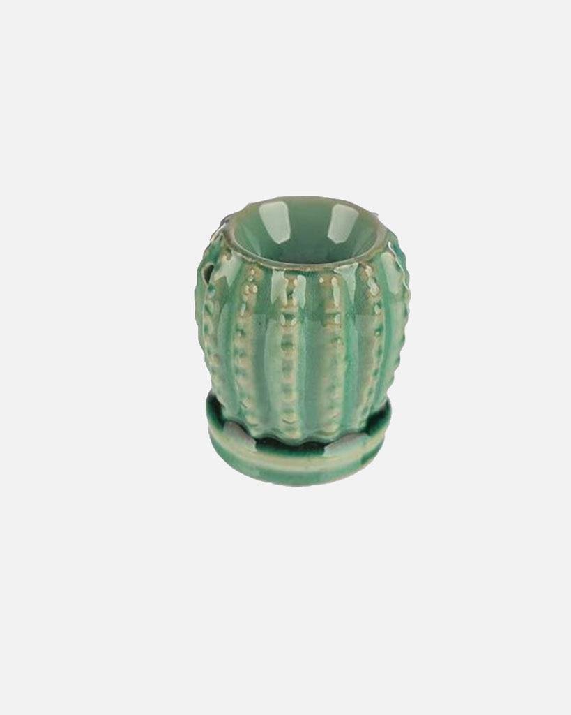 An adorable green mini cactus burner made for diffusing oils and waxes