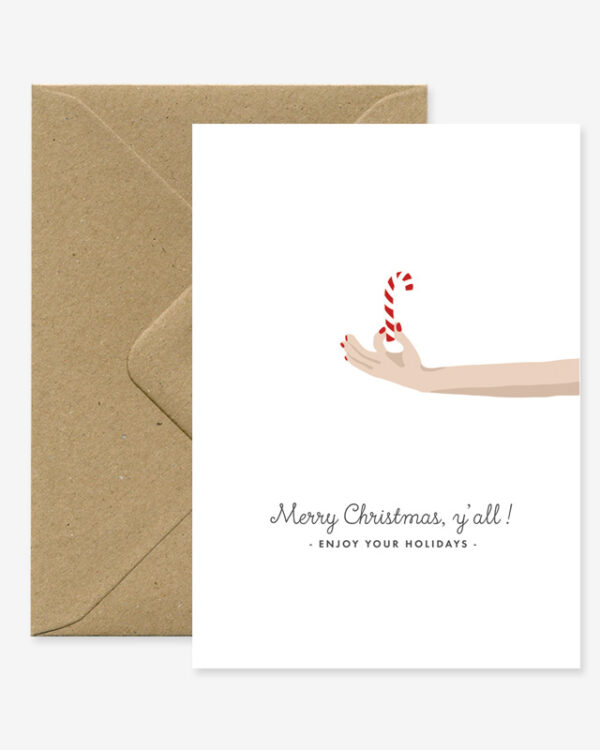 christmas card, A6 Card (105mm x 148mm) Natural white paper 300 gr blank interior This nice card is sold with a recycled brown A6 envelope. Printed in France. featuring a hand holding a candy cane