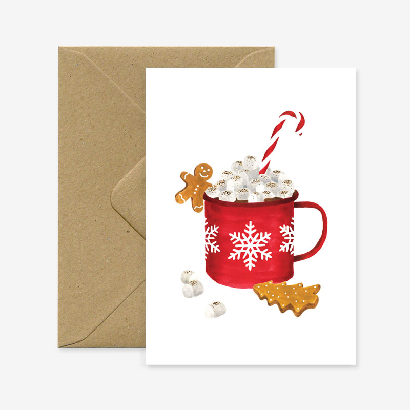 christmas card, A6 Card (105mm x 148mm) Natural white paper 300 gr blank interior This nice card is sold with a recycled brown A6 envelope. Printed in France. featuring a hot chocolate