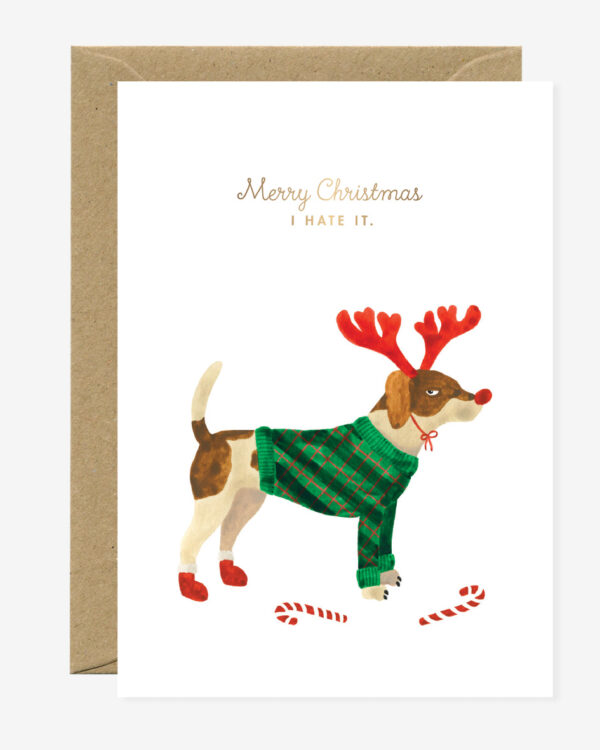 christmas card, A6 Card (105mm x 148mm) Natural white paper 300 gr blank interior This nice card is sold with a recycled brown A6 envelope. Printed in France. featuring a dog wishing merry christmas (i hate it)