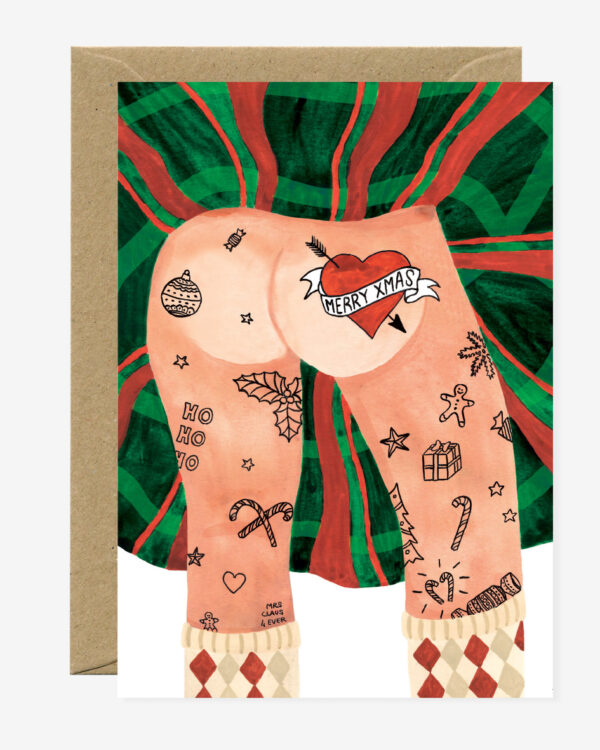 christmas card, A6 Card (105mm x 148mm) Natural white paper 300 gr blank interior This nice card is sold with a recycled brown A6 envelope. Printed in France. featuring santa with tattoos