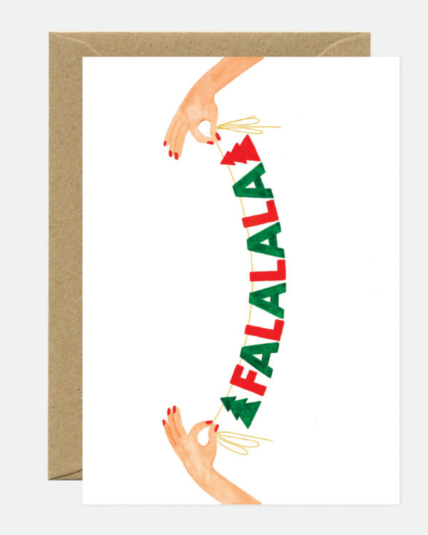 christmas card, A6 Card (105mm x 148mm) Natural white paper 300 gr blank interior This nice card is sold with a recycled brown A6 envelope. Printed in France. featuring THE WORDS FALALALA