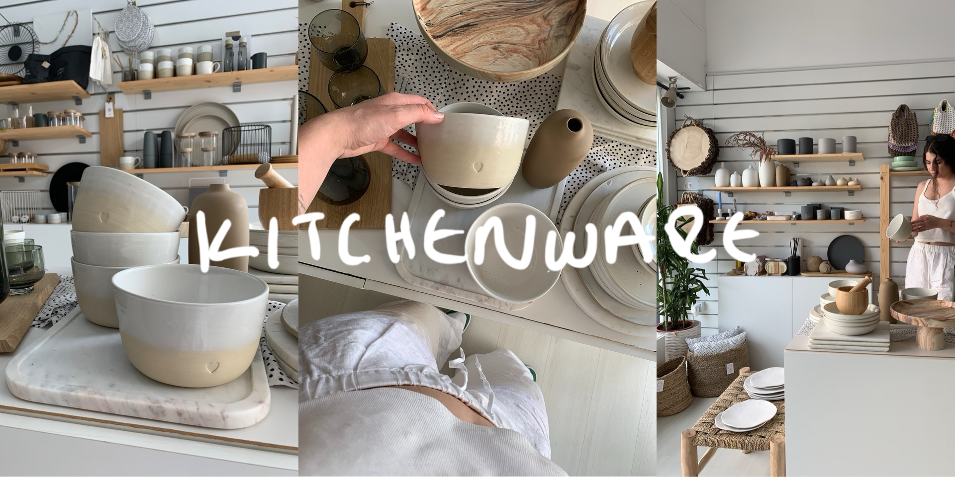 kitchenware banner (bowls, plates, cake stand, vases, bench, marble tray)