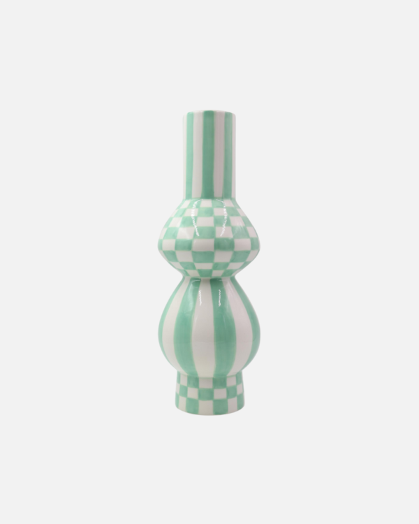 Discover the ceramic Gabriela vase from Qué Rico - a vibrant addition to your home decor. Hand-painted with a Squares & Stripes pattern, this Belgian-designed vase is a unique and colorful gift option.