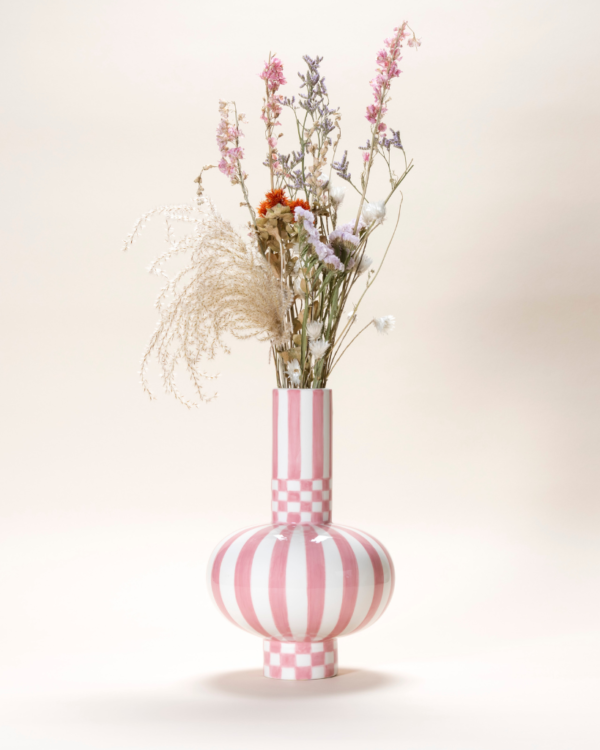 Discover the ceramic Gabriel vase from Qué Rico - a vibrant addition to your home decor. Hand-painted with a Squares & Stripes pattern, this Belgian-designed vase is a unique and colourful gift option.