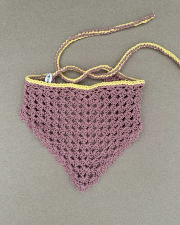 crochet bandana in pink and yellow colour. hand crochet. handmade. summer accessories