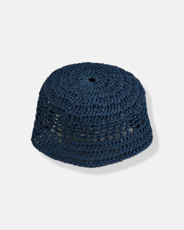 Natural fibre fabric. Raffia. Crochet design. Bucket design. blue bucket hat.
