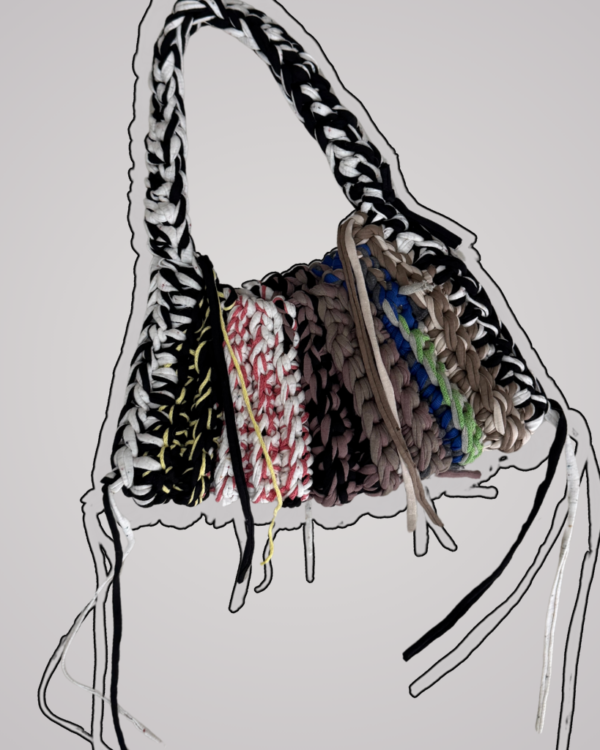 Bag made from leftover yarn from our past crochet projects. Green, blue, and grey mix. Stretchy and strong. Carry it on your shoulder or by hand. Perfect for running errands or going out. One bag with a story.– each piece is uniquely yours