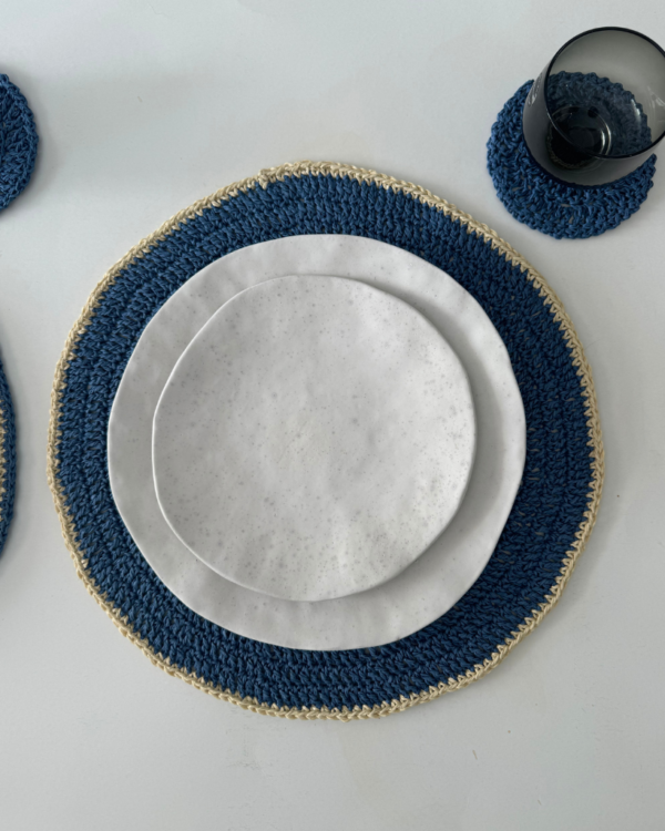 blue raffia placemats. crocheted. handmade