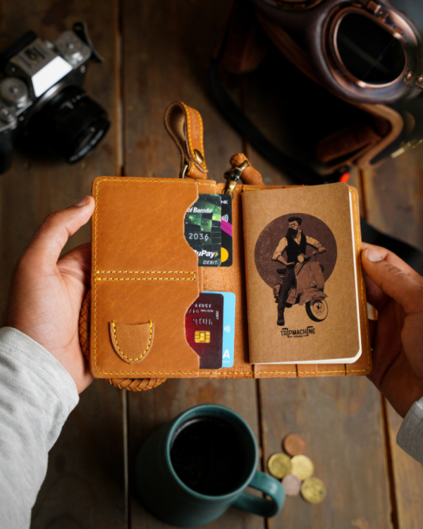 Explorer Wallet - Leather Travel Companion | Passport Fit | 2 Card Slots | Guitar Pick Pocket | Field Notes Included | Handmade | Slim Design 15x10cm | Adventure-Ready | Removable Leather Braid | Premium Leather | Perfect for Travelers