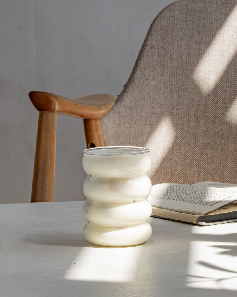 Modern Bubble Glass with unique 4-ring shape. 300ml capacity, dishwasher safe. Perfect for water, juice & entertaining. Comfortable ergonomic design.
