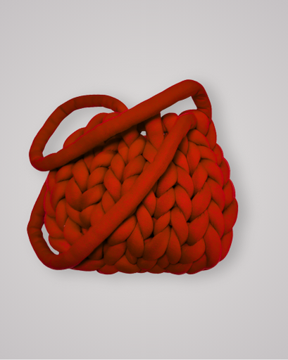 Hand-crocheted chunky yarn bag in a soft cherry colour