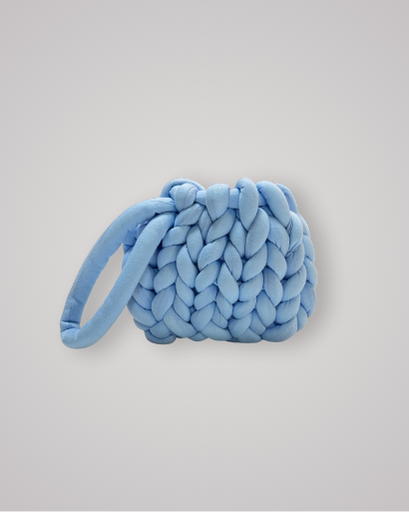 Hand-crocheted chunky yarn bag in a soft skye colour