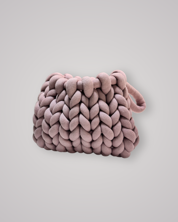 Hand-crocheted chunky yarn bag in a soft toasted colour