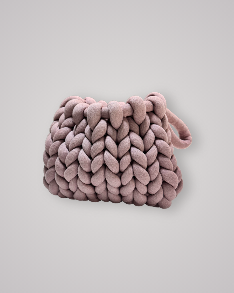 Hand-crocheted chunky yarn bag in a soft toasted colour
