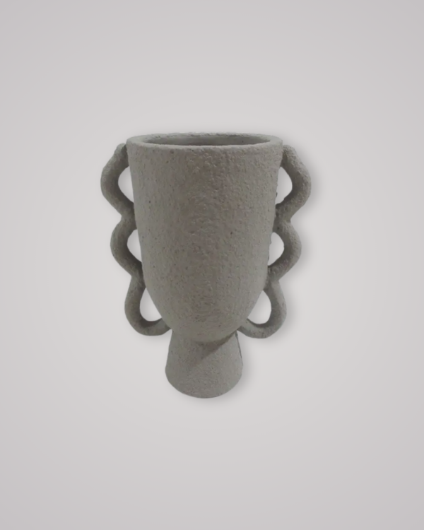 Textured stone-look cement vase with sculptural looping handles and tall cylindrical shape.