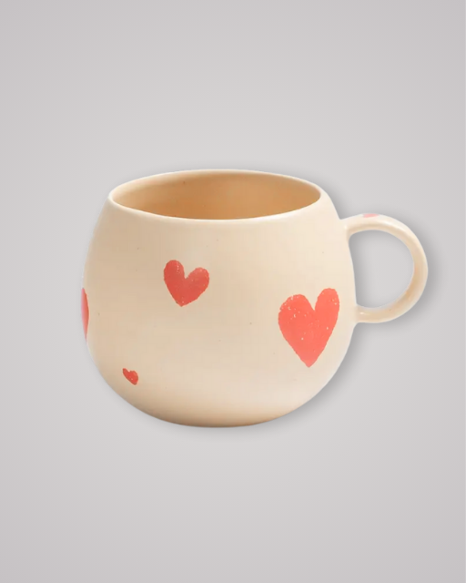 Beige stoneware ball mug with red hearts, Cozy Hearts collection